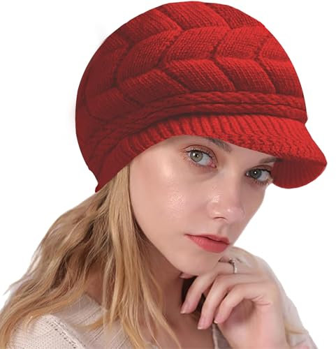 NLAND Wintermütze Gestrickte Baskenmütze Damen Winter Warme Strickmütze mit Visier Elegant Ballonmütze Barette mit Fleecefutter(Rot)