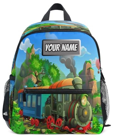 Ksajwzf Rucksack mit Namen für Kinder, Cartoon-Lokomotive, Zug, Kinder, Kleinkind-Rucksack für Mädchen und Jungen, personalisierter Name, Aquarell-Zug, Vorschule, Büchertaschen, mehrfarbig