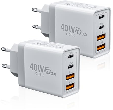 Pack de 2 cargadores USB C, 40 W, 4 puertos USB-C & USB-A múltiple tipo C, cargador rápido adaptador de corriente para iPhone 16 16e 15 14 Pro Max 13 12 11 SE 2020 XS XR 8 7, Samsung, Tablet