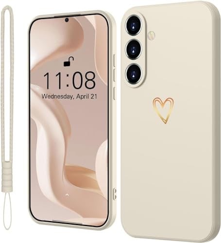 Mitetabo für Samsung Galaxy S24 Hülle Silikon Handyhülle Samsung Galaxy S24 mit Gold Liebesherz, Dünn Gold Love Schutzhülle Slim Kratzfeste Rundumschutz Case für Samsung S24 5G Beige