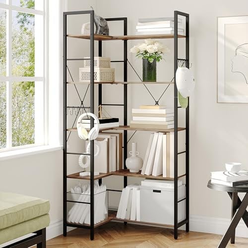 Hzuaneri 6 Ebenen Bücherregale, Eck-Bücherregal, Industrielle Bücherregale, L-förmiges Regal, Bodenstehendes Eckregal, für Schlafzimmer, Wohnzimmer, Arbeitszimmer, Rustikales Braun BC29501B