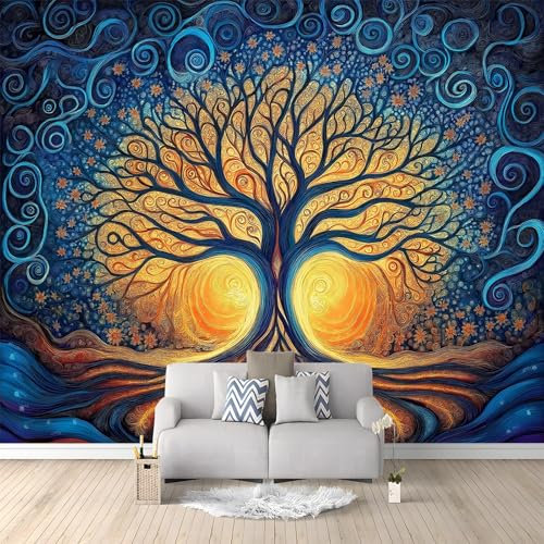 Papier Peint Arbre De Vie Abstrait Intissé, Bleu Orange Panoramique 3D Papier Mural 250 x 175 cm Luxueux poster geant Décoration murale fond, Papier peint pour différentes pièces