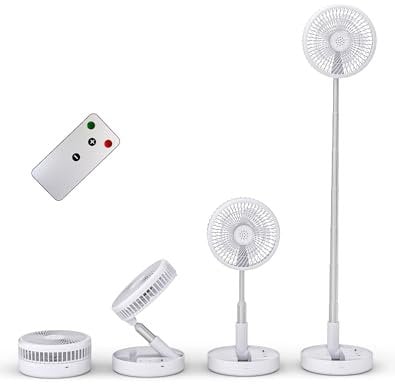 Primevolve Ventilador de Pie Portátil con Remoto,NO-Rotación-8'' Plegable Suelo/Mesa Ajustable,7200mAh USB C Ventilador para Viajes Camping,Silencioso para Dormitorio Oficina ventilador-Blanco