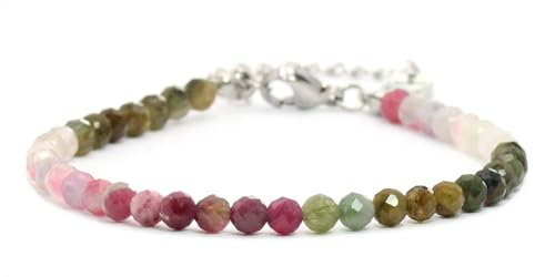 Echtes Gemischter Turmalin Edelstein Armband mit facettierten 4mm Perlen - Länge verstellbar - Heilstein Schutzstein Edelsteinarmband Glücksbringer Talisman Geschenk (Gem. Turm., 16-21CM S)