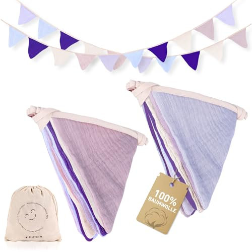 MutoToy® 2 Stück Wimpelkette Kinderzimmer, 2.7m Wimpelkette Stoff aus Musselin Baumwolle, Girlande Kinderzimmer Deko für Hausbett, Babybett, Kinderbett, Babyzimmer, Wanddeko (Lila)