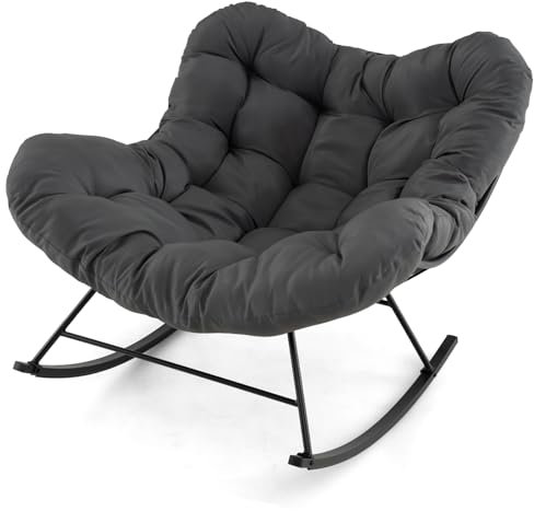 COSTWAY Outdoor Rocking Chair, Oversized Patio Wicker Egg Chair with Thick and Removable Cushion, Rattan Comfy Rocking Lounge Chairs for Living Room, Balcony, Yard & Porch (Grey, 110 x 95 x 94 cm)
