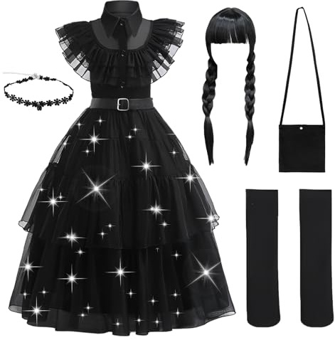 Dress140 Black Gothic Dress Up Outfit for Girls, 3-11 Kids Theme Cosplay Costume Girls Party Fancy Dress Accessories with Wig Earrings Bag Socks for Carnival Halloween Party