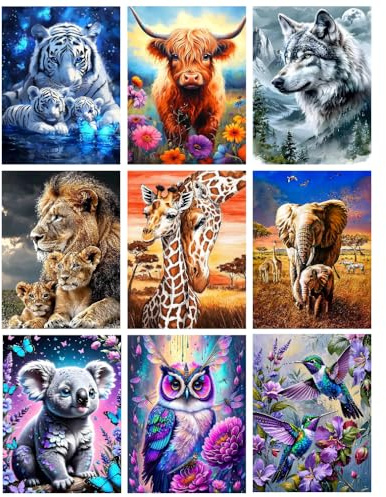 9 Pack Diamond Painting Kits for Adults, Animal Diamond Art Kits for Beginners, 5D DIY Full Drill Lion Tiger Owl Wolf Diamond Arts Kits for Home Wall Decor Gifts 12x16 Inch