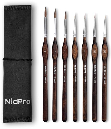 Nicpro 7 pinceaux Miniatures en Poils de martre Kolinsky, pinceaux Peinture Professionnels avec étui en Tissu, Pointe Ronde, idéal pour Miniatures, Acrylique, Figurines, modélisme, Aquarelle