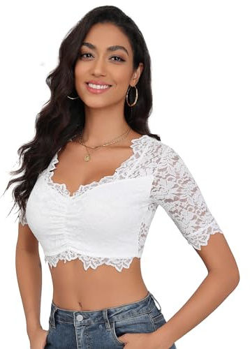 Hotouch Damen Dirndlbluse Spitze Weiß Dirndl Bluse Kurzarm Oktoberfest Trachtenbluse Traditionelle Kleidung Trachten Bluse M