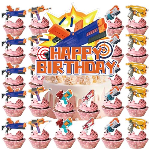 25Pcs Dart Birthday Party Decorations Includes One Cake Toppers and 24 Cupcake Toppers - Dart Themed Party Supplies Set for Boys