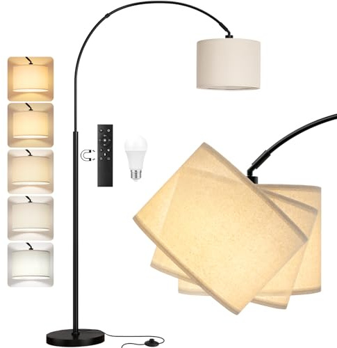PreeOtti Lampadaire sur Pied Salon, LED E27 Lampe a Pied avec Télécommande, Lampadaire Arc Vintage, 3000K-6000K Intensité Variable pour Salon Chambre Bureau, Abat-jour Beige et Socle Noir, 180cm