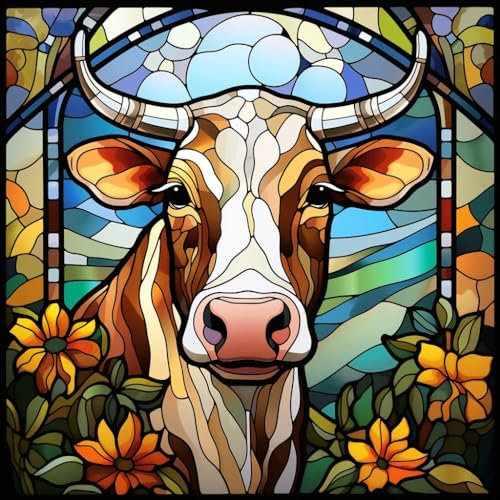 WANGXIAO Peinture par numéros adulte,Kit de bricolage pour adultes Peinture sur toile Avec peinture et pinceau,Cadeaux de peinture,40x40 cm,Vitre de vache fleurie,sans cadre