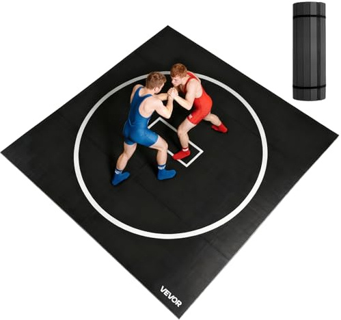 VEVOR 10x10 ft Wrestling Mat, Martial Arts Thick Mat for Home Gym Workouts Exercise, Waterproof PVC Roll-Up Training Mats with Circles, for Gymnastics, Tatami, Jiu Jitsu BJJ MMA Judo, Boxing, Black