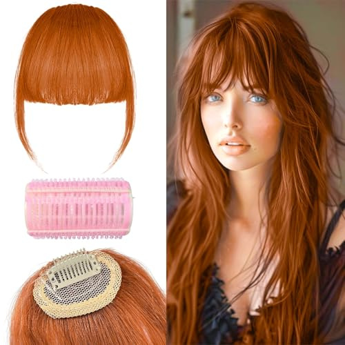 100% Echthaar-Clip-in-Pony für Damen – Natürlicher Look mit Pony, Schläfen, feinem oder geschwungenem Pony (Orange)