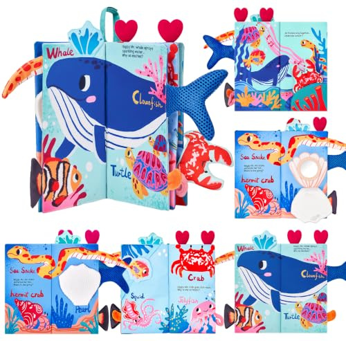JoyCat Baby Spielzeug Stoffbuch ab 0 3 6 Monate, Meerestiere Baby Buch | Baby Spielzeug 6 Monate, Fühlbuch Knisterbuch, Neugeborene Weihnachten Geschenk für Babys Jungen Mädchen