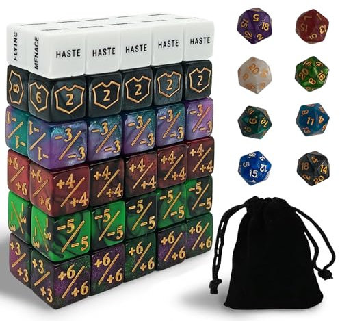 68-teiliges Würfel-Set für TCG, RPG & Brettspiele inkl. Samtbeutel | Kompatibel mit Magic the Gathering und Dungeons & Dragons, mit 10 Keyword-Würfeln, 10 Zahlen-Würfeln, 40 Zählwürfeln & 8 W20