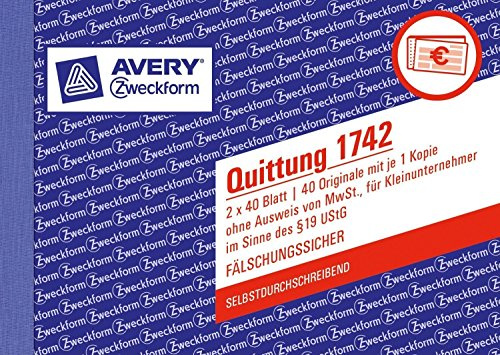 AVERY Zweckform 1742 Quittungsblock Kleinunternehmer (A6 quer, 2x40 Blatt, mit Durchschlag, fälschungssicher, ohne MwSt., für Deutschland und Österreich) weiß/gelb (3er Pack | ohne MwSt)