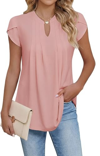 Cuptacc Maglietta Donna Estive Scollo a V Blusa Donna Manica Corta Elegante con Floreale Camicie Rosa, Small S 34-36