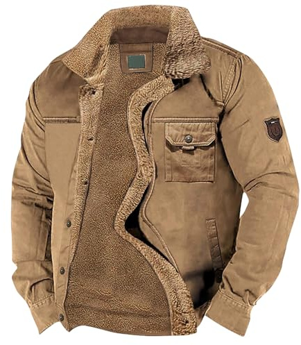 SOOUICKER Winterjacke Herren Ohne Kapuze Gefüttert Fleecejacke Outdoor Warm Übergangsjacke Sportlich Cargo Bomberjacke Vintage mit Fellkragen Outdoor Jacken für Herren Fleece