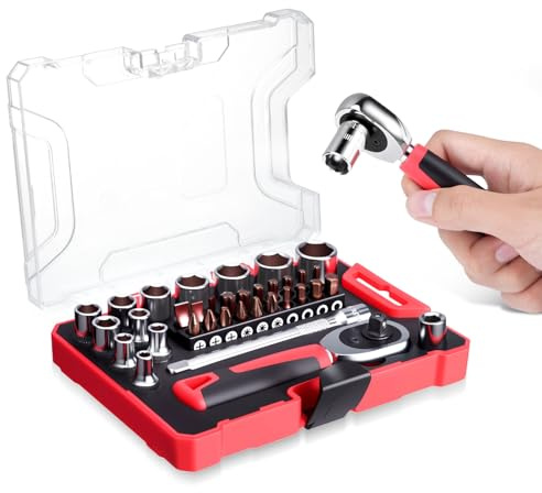 Ghekkli Coffret à Cliquet 1/4 et 12 Pièces Douilles - Kit d'Outils Multifonction 35 Pièces avec Embouts S2, Clé à Cliquet 72 Dents et Poteau de 1/4 po pour Réparation Auto, Vélo et Bricolage