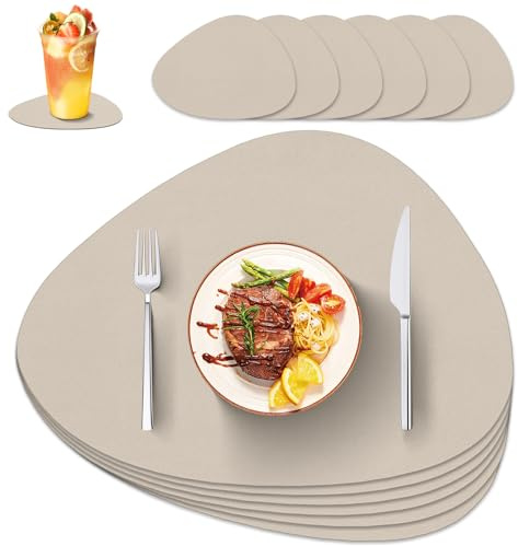 IKWOLETI Tischsets Abwaschbar mit Untersetzer - 6er Set Platzsets Abwaschbar aus Kunstleder - Doppelseitige Platzdeckchen in Lederoptik - Ideal für Küche und Büro Grauweiß