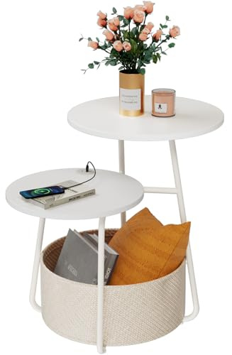 Rolanstar Beistelltisch Rund, Kleiner Tisch mit Ladestation, Runder Couchtisch mit großem Stoffkorb & 2 Ebenen, Moderner Nachttisch für Wohnzimmer & Schlafzimmer (Weiß)