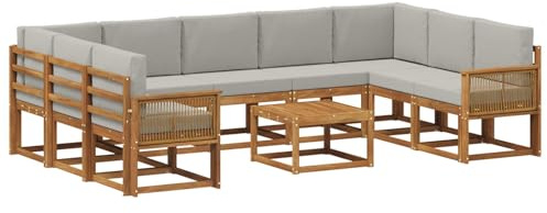 vidaXL Outdoor-Sofagarnitur mit Kissen 10 pcs Natürlich und Hellgrau, Akazien-Sofa-Set, modernes Outdoor-Sofa, Robustes Gartenmöbel, wetterfest, umbaubar und gemütlich