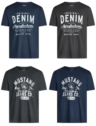 MUSTANG Tshirt Herren Baumwolle Regular Fit 4er Pack Set Rundhals Kurzarm Sommer Tee Shirt Logoprint Schwarz Weiß Grau Blau Grün S M L XL XXL 3XL 4XL 5XL 6XL
