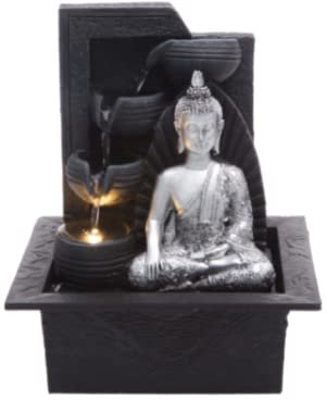 Silver Buddha with Water Bowls | Indoor Water Fountain with LED Light | Dimensions: 21 * 17.5 * 25 Cm | 3 Pin UK Plug Included |