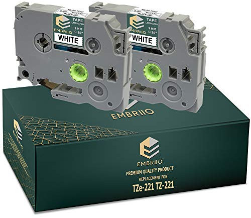 EMBRIIO TZe-221 TZ-221 | 2 Kassetten Schriftband Ersatz für Brother P-Touch PT-H110 PT-E550WVP PT-E100 PT-P700 PT-H105 PT-H101C PT-1000 PT-D600VP PT-H100 PT-H100LB | Schwarz auf Weiß | 9 mm x 8 m