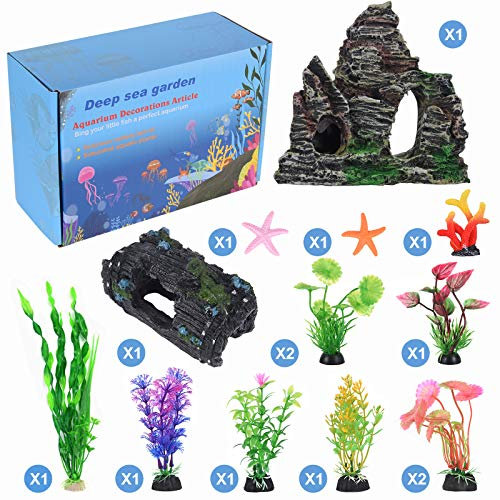 QZQ Aquarium Decorations Plastic Plants 14 PCS Fish Tank Plants Fish Tank Decorations Accessories Decor Set with Resinous Rockery Hideouts Coral Aquarium Plants and Resin Starfish