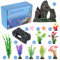 QZQ Aquarium Decorations Plastic Plants 14 PCS Fish Tank Plants Fish Tank Decorations Accessories Decor Set with Resinous Rockery Hideouts Coral Aquarium Plants and Resin Starfish