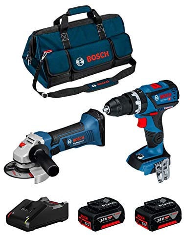 BOSCH Kit 18V BK2010BAG (Trapano a Percussione GSB 18V-60 C + Smerigliatrice GWS 18-125 V-LI + 2 Batterie di 4,0 Ah + Caricabatterie + Borsa)