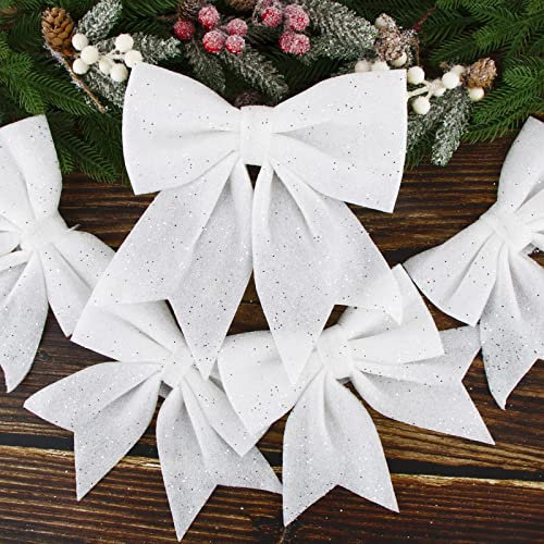 5PCS Noeud de Ruban de Noël 24cm Grande Taille Arcs de Noël Ruban Nœuds Papillons Ornements Decoration de Noël pour Arbres de Noël Emballages Cadeaux Sapin de Noël Guirlande Voiture Mariage (Blanc)