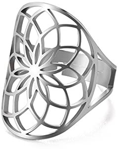 TEAMER Größenverstellbarer Erzengel Metatron Edelstahl-Ring, verstellbare Blume des Lebens, Schmuck für Frauen und Mädchen (Silber-Style-D)