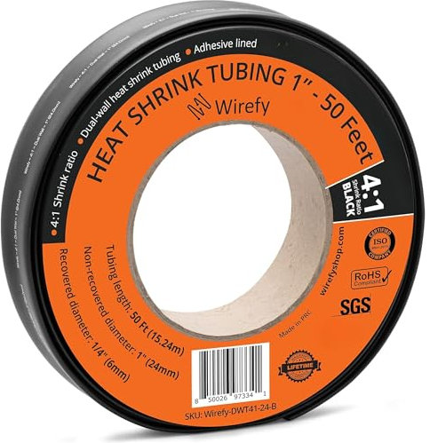 Wirefy Schrumpfschlauch Rolle - 24mm - 15,25m - 4:1 Schrumpf-Rate - Schrumpfschlauch Schwarz Wasserdicht - Kabel Reparaturset als Löt-Zubehör - Heat Shrink Tubing
