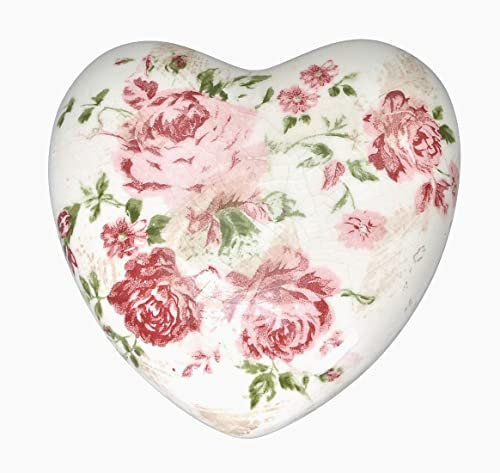 dekoratives herziges Deko-Herz Keramik-Herz Blumenherz Motiv Rose in Creme-rosa-weinrot oder Creme rosa (groß Creme-rosa-weinrot)