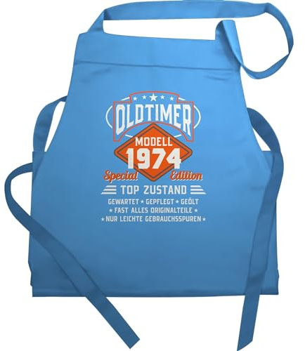 Schürze Geschenk - 50. Geburtstag - Oldtimer Modell 1974 - 60x87 - Hellblau - 50 topszustand kochschürze fuenfzig 50er 50iger jahre 50ziger 50.geb 50sten fifty zum fünfzigsten 50.ter ü50 50zig