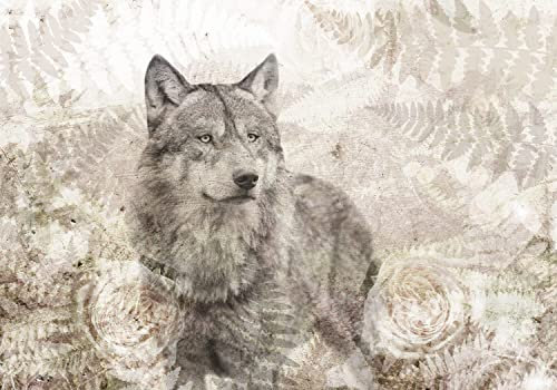 decomonkey Fototapete Wolf 300x210 cm Design Tapete XXL Fototapeten Vlies Tapeten Vliestapete Wandtapete moderne Wand Schlafzimmer Wohnzimmer Natur Tiere Blumen Pflanzen Farn Rose Beton Optik Beige