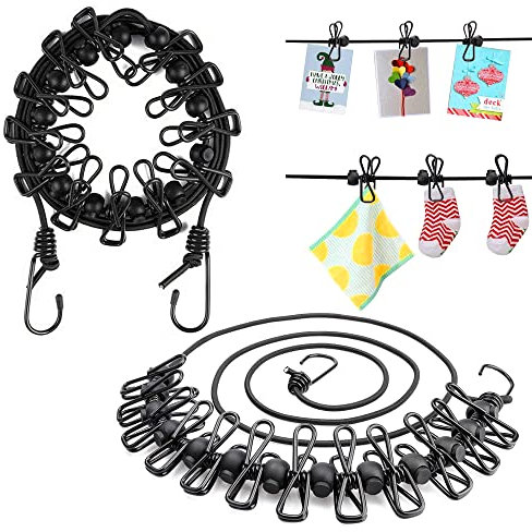 VENGABY 2 Stück Tragbare Wäscheleine Camping, Elastische Wäscheleine Ausziehbar Reisewäscheleine mit 12 Stück Klammern und 13 Stück Positionierung Wölbungen für Reise Urlaub Outdoor Camping Wohnheim