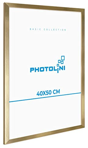 PHOTOLINI Bilderrahmen 40x50 gold Holz MDF, Bilderrahmen 50x40 gold mit bruchsicherem Acrylglas, Rahmen 40x50 zum Aufhängen, 50 x 40 frame mit Zubehör - picture frames für Fotos & Poster