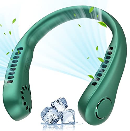 Neck Fan, Portable Neck Fan Rechargeable Personal Fan, 3000mAh USB Wearable Hands Free Fan, 4+1 Speeds Cooling Fans, Leafless Hanging Bladeless Mini Neck Fan for Women Men Outdoor Indoor (Green)