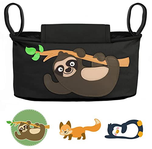 GLÜCKSWOLKE Kinderwagen Organizer - 12 Motive I Kinderwagentasche verschließbar I Kinder Buggy Tasche mit Feuchttuchspender I Baby Stroller Bag Black I Aufbewahrungstasche (Fannie Faultier I schwarz)