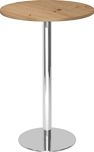 bümö Stehtisch Büro, Bistrotisch rund 80 x 80 cm - Bartisch Asteiche, Stehtisch Holz-Platte, Säule aus Metall verchromt, Buffettisch, Säulentisch, Partytisch, Thekentisch, Hochtisch, Barmöbel