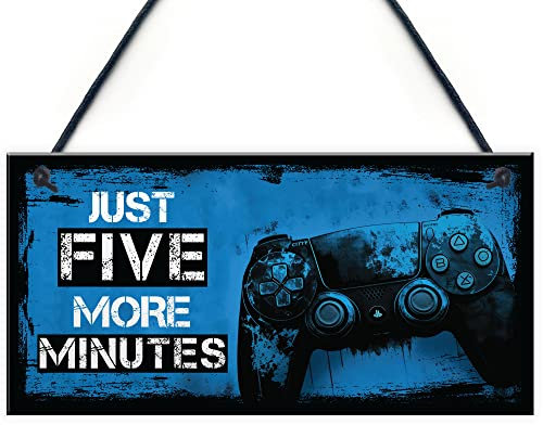 Red Ocean Gaming Sign for Boys Bedroom Door Decorations, Gamer Quotes - Just Five More Minutes - Gaming Wall Art Decor for Gamer Gifts, Games Room Hanging Plaque Gift For Son Brother