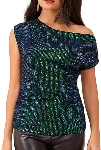 GRACE KARIN Ladies Short Sleeve Sequin Tops Glitter Party T Shirt, Color: Blue Green, Size: XXL
