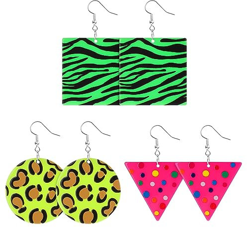 3 Paar Neon Ohrringe Leopardenmuster Geometrische Tropfen Ohrringe Damen Retro Disco Ohrringe 80er 90er Jahre Outfil für Damen und Mädchen Halloween Disco Party Zubehör