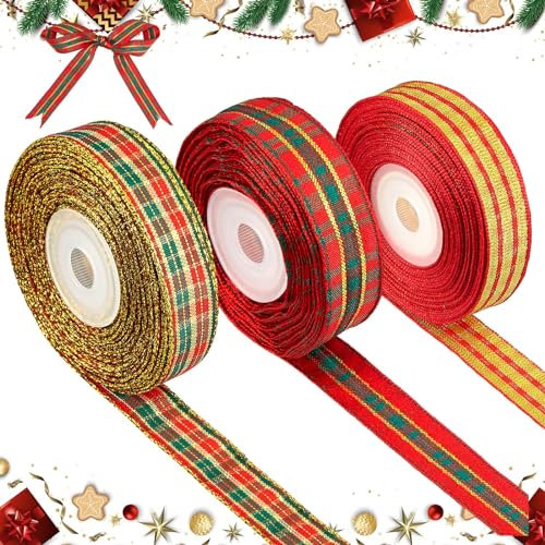 3 Rollen Karo Weihnachtsbänder Karierte Schleifenbänder Gingan Geschenkbänder Weihnachten Stoffbänder für Geschenk Verpackung Kränze Basteln Schleifen, 11 Yards x 1,6 cm (Retro)