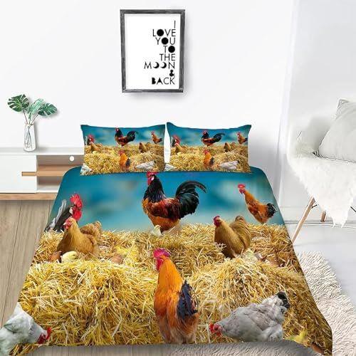 SIVAGA Huhn Bettwäsche 135x200 Weich Kuschelige Mikrofaser 3D Druck Hühnermuster Bettwäsche-Sets Bettbezug und 2 Kissenbezug 80x80 cm mit Reißverschluss